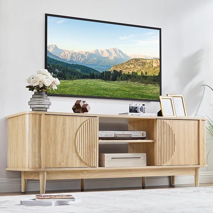 Turtle&Myrtle Mid Century Modern TV Stand 60”, Wood TV Console with Storage for TVs Up to 70 inches, Fluted Sliding Doors, Entertainment Center Media Cabinet for Living Room & Bedroom (Natural Oak)