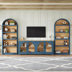 3-Piece Farmhouse TV Stand Set with Bookshelf for TVs Up to 70", Two-Tone Wood Grain Entertainment Center with Arched Design, Retro Sideboard with Tempered Glass Doors for Living Room (Blue+Natural)