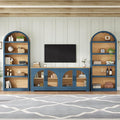 3-Piece Retro TV Stand Set with Bookshelf, Entertainment Center with Arched Design for TVs up to 70'', Farmhouse Media Console with Tempered Glass Doors for Living Room, Blue