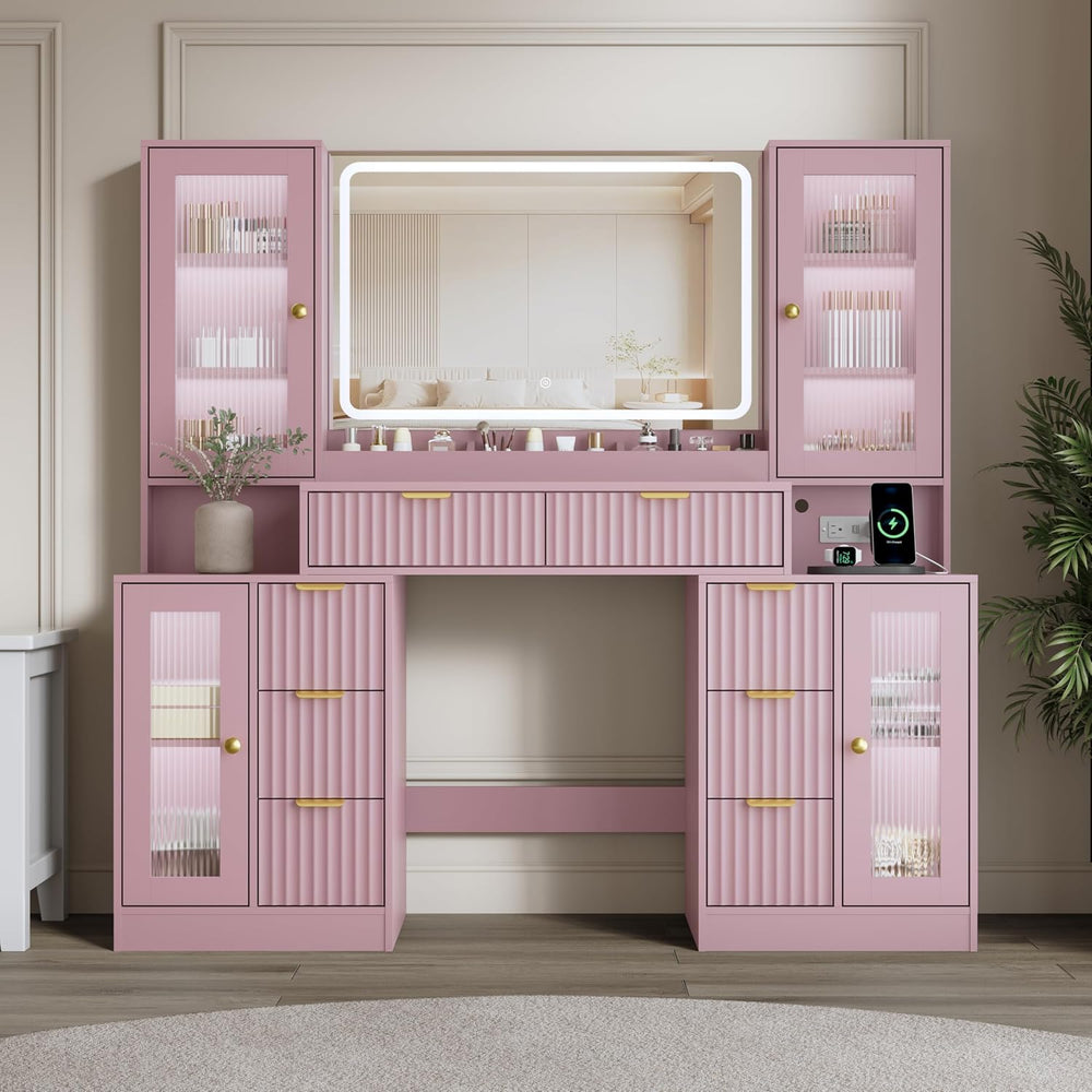 55" Vanity Desk with Mirror & Lights, Fluted Makeup Vanity with 8 Dr...