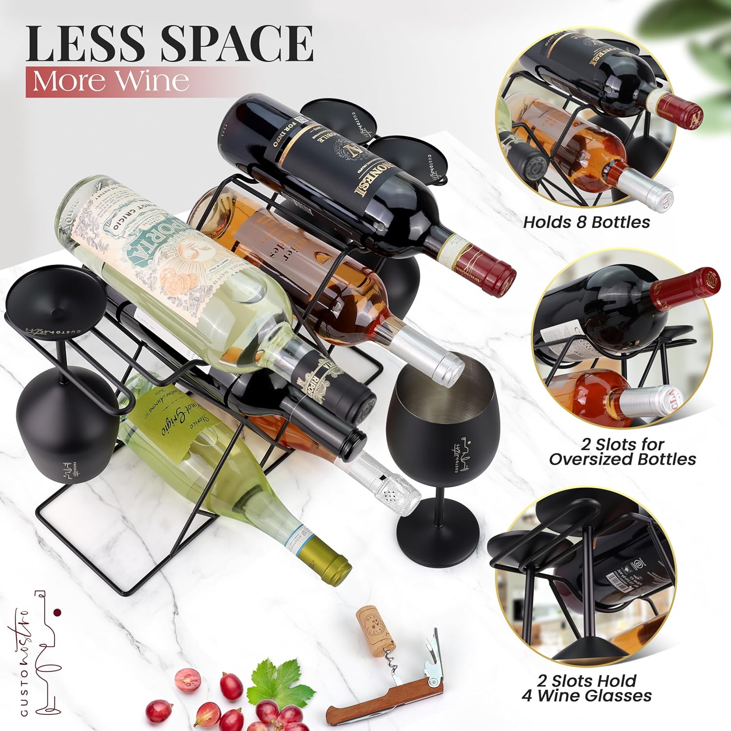 Gusto Nostro Small Wine Racks Countertop Storage for 8 Bottles & 4 Glasses - Countertop Wine Rack with Glass Holder, Modern Tabletop Black Wine Rack, Wine Holder Stand for Kitchen Cabinet Wine Cellar