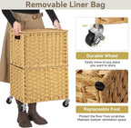 Chrislley 90L Slim Laundry Hamper with Wheels, Rolling Laundry Basket with Lid and Renovable Liner Bag, Handwoven Rattan Organizer for bedroom, bathroom, laundry room (Yellow)