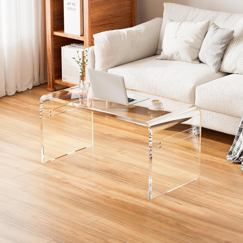 Premium Need Assembly 32" Acrylic Coffee Table,Clear Lucite Coffee Table for Living Room,Rectangle Plexiglass Center Waterfall Table,Supports 180 LBS,32"x16"x16",0.6" Thick Fit for 2 Seat Sofa