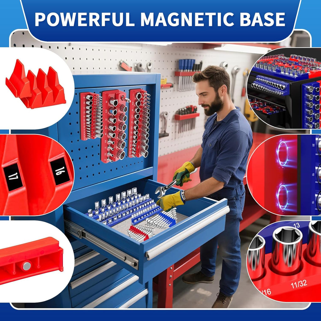 8PS Magnetic Wrench and Socket Organizer Set, Tool Trays 1/4", 3/8", 1/2" Tool Box Organizer, Metric Holder(Socket, Wrench not Included)