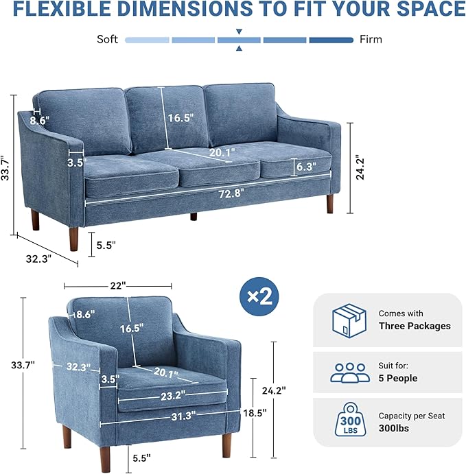 Kingfun Living Room Furniture Sets, 3 Seater Couch and 2 Armchair, Mid Century Modern Sofa Set, Chenille Couch with Solid Wood Frame for Living Room & Bedroom, Light Blue