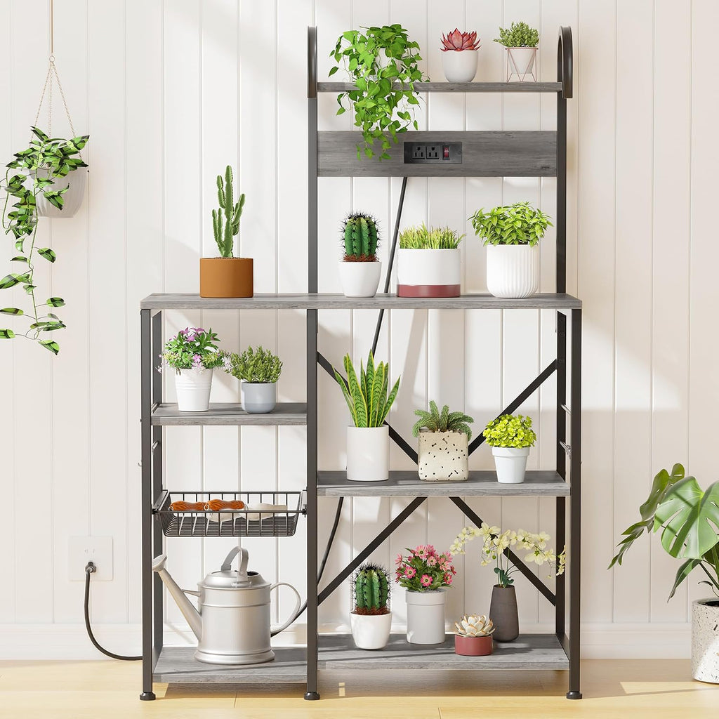 35.4 inch Kitchen Bakers Rack with Power Outlet, Coffee Bar Table & Microwave Oven Stand, Storage Shelf Rack with Wire Basket & 6 S-shaped Hooks for Spices, Pots and Pans - Grey