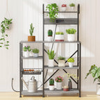 35.4 inch Kitchen Bakers Rack with Power Outlet, Coffee Bar Table & Microwave Oven Stand, Storage Shelf Rack with Wire Basket & 6 S-shaped Hooks for Spices, Pots and Pans - Grey