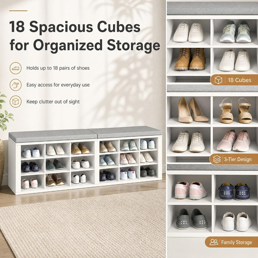 Shoe Storage Bench with Padded Seat, 18-Cubby Shoe Organizer for Entryway, 59...