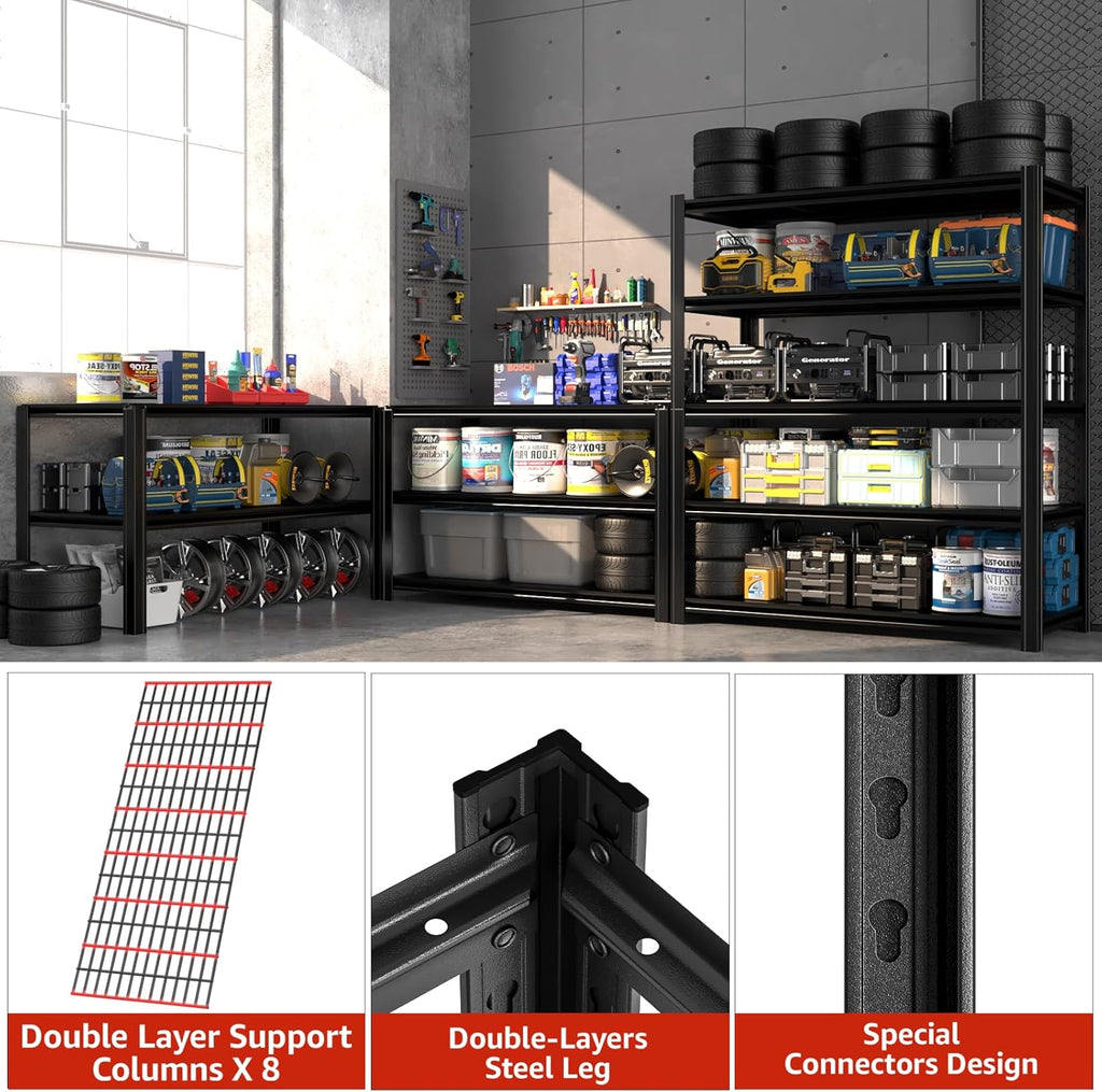 55.12" W Father&I 5-Shelf Industrial Adjustable Heavy-Dudy Tall Metal Garage Storage Shelves Shelving Units/Steel Wire Rack System (Commercial) for Basement/Shop, 84" H*55.12" W*24" D*, Black