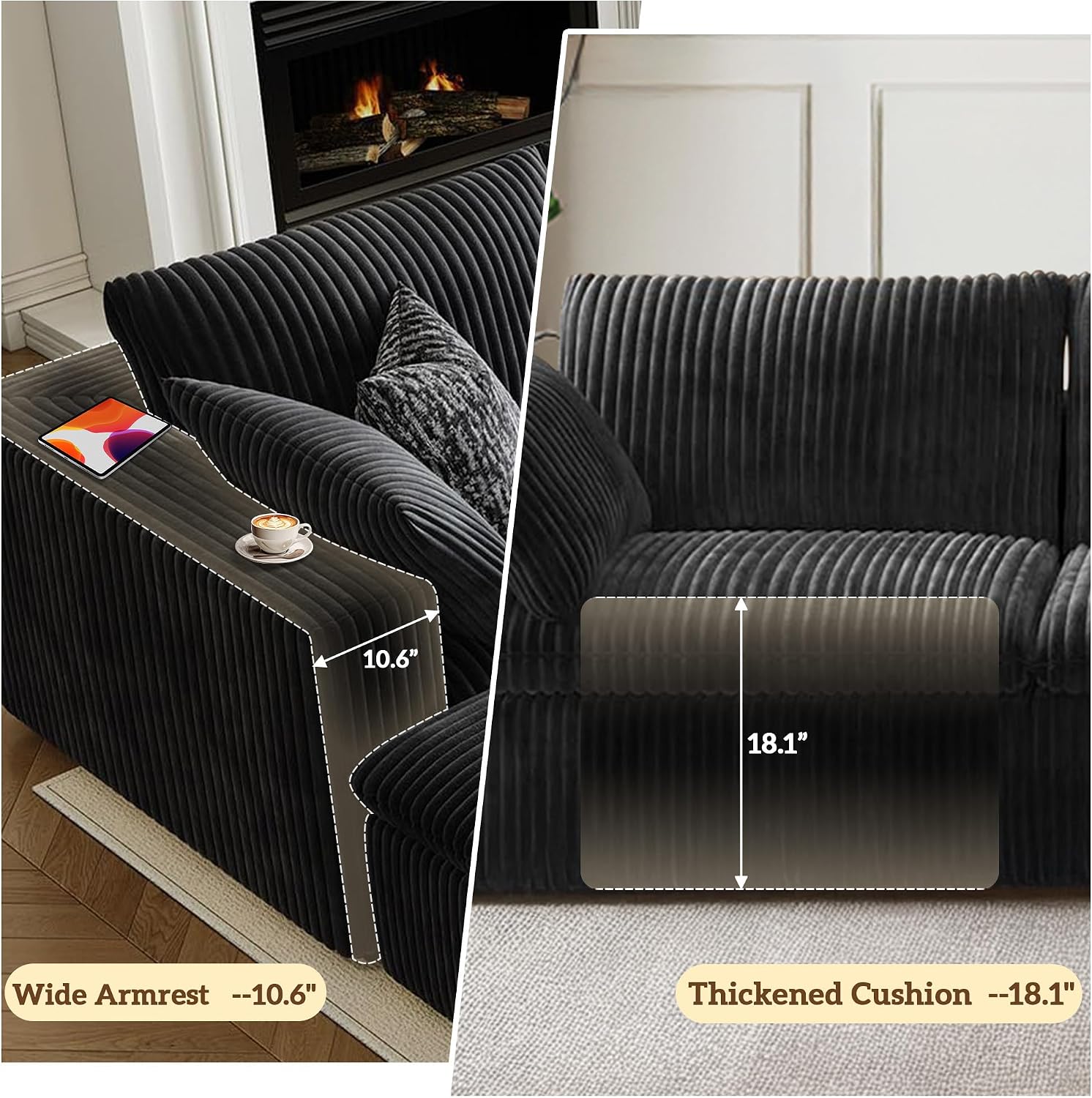 78.8" Cloud Couch Modular Sectional Sofa, Boneless Loveseat Deep Seat Couch, Soft Corduroy Upholstery, DIY Combination for Living Room & Apartment, No Assembly Required, Black