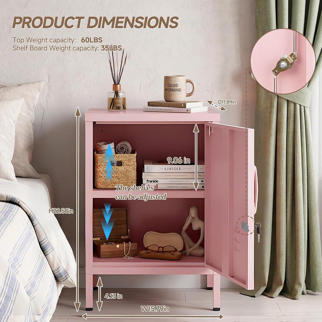 Lockable Metal Nightstand with Door, Industrial Storage Locker End Table, Small Bedside Table for Bedroom Living Room Dorm, Pink