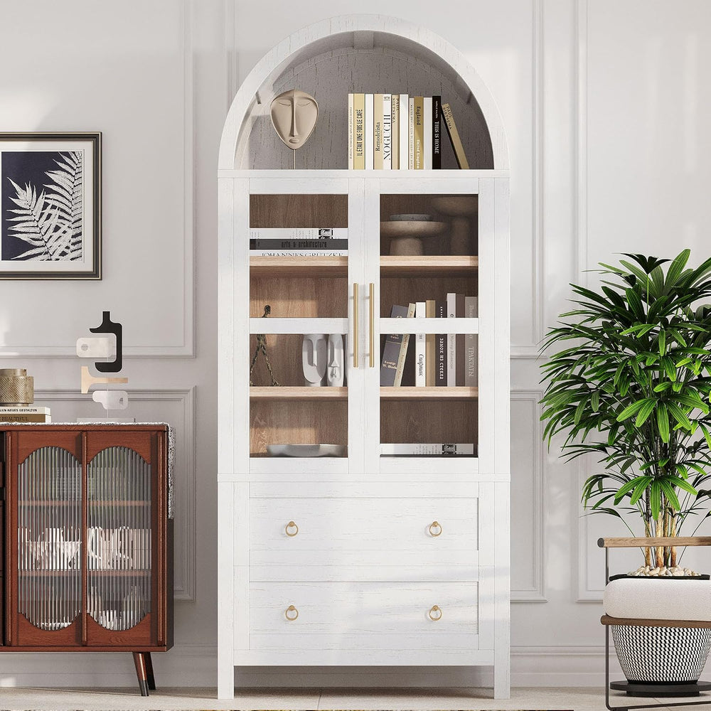 Tall Arched Cabinet with Glass Doors, Wood Kitchen Pantry & Arch Bookcase...