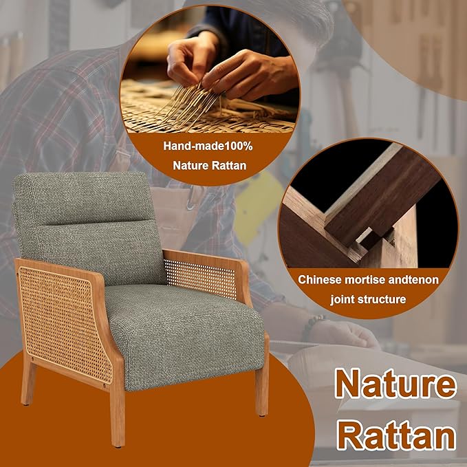 WENTMENT Modern Accent Chair, Armchair with Natural Rattan Armrest, Upholstered Living Room Chair Comfy Single Sofa Chair for Hosting Room/Bedroom, Grey