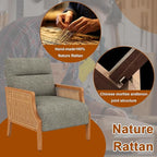 WENTMENT Modern Accent Chair, Armchair with Natural Rattan Armrest, Upholstered Living Room Chair Comfy Single Sofa Chair for Hosting Room/Bedroom, Grey