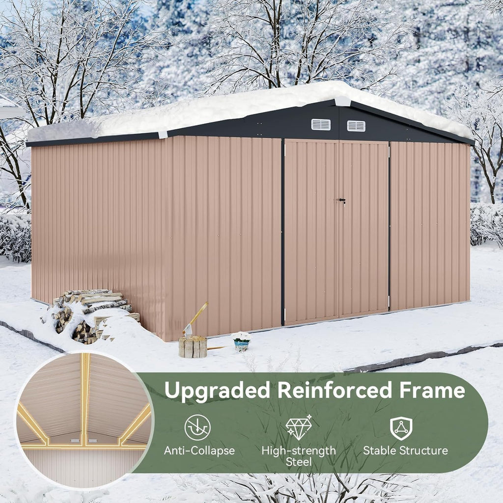 Aoxun 12x10 FT Shed Outdoor Storage Shed with Large Doors & Galvanized Steel, Large Shed Steel Utility Tool Shed Storage House with Door & Lock, for Patio Lawn Garden Sand, Brown
