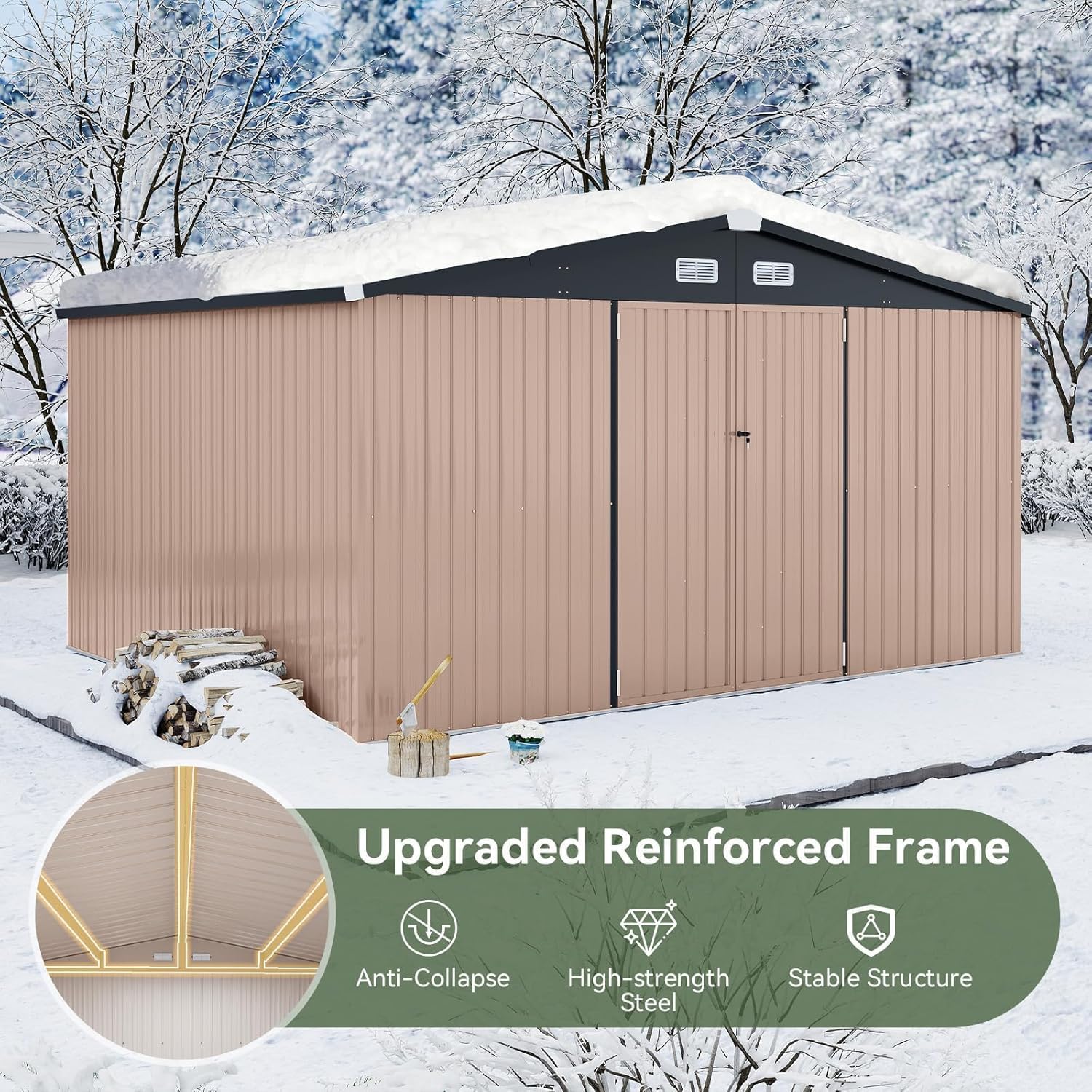 Aoxun 12x10 FT Shed Outdoor Storage Shed with Large Doors & Galvanized Steel, Large Shed Steel Utility Tool Shed Storage House with Door & Lock, for Patio Lawn Garden Sand, Brown