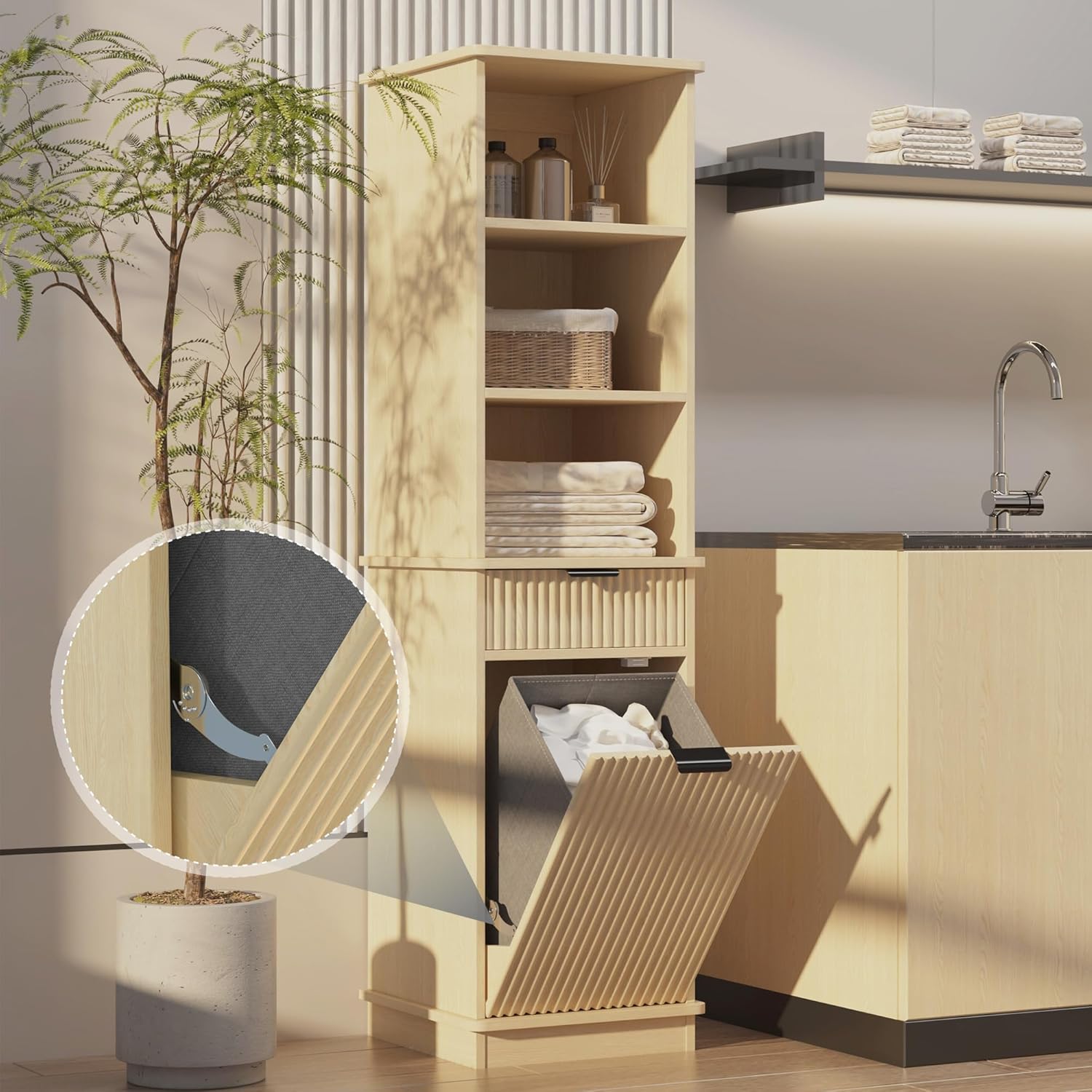 Natural Tilt Out Laundry Hamper Tall Bathroom Storage Cabinet Hidden Laundry Hamper Cabinet with Drawers and Baskets for Bathroom Hamper with Storage for Bedroom,16x16x59in
