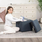 Adeco 17" H Navy Blue Storage Ottoman Cube with Tray Lid, Small Polyester Fabric Footstool with Storage, Square End Table for Living Room & Bedroom
