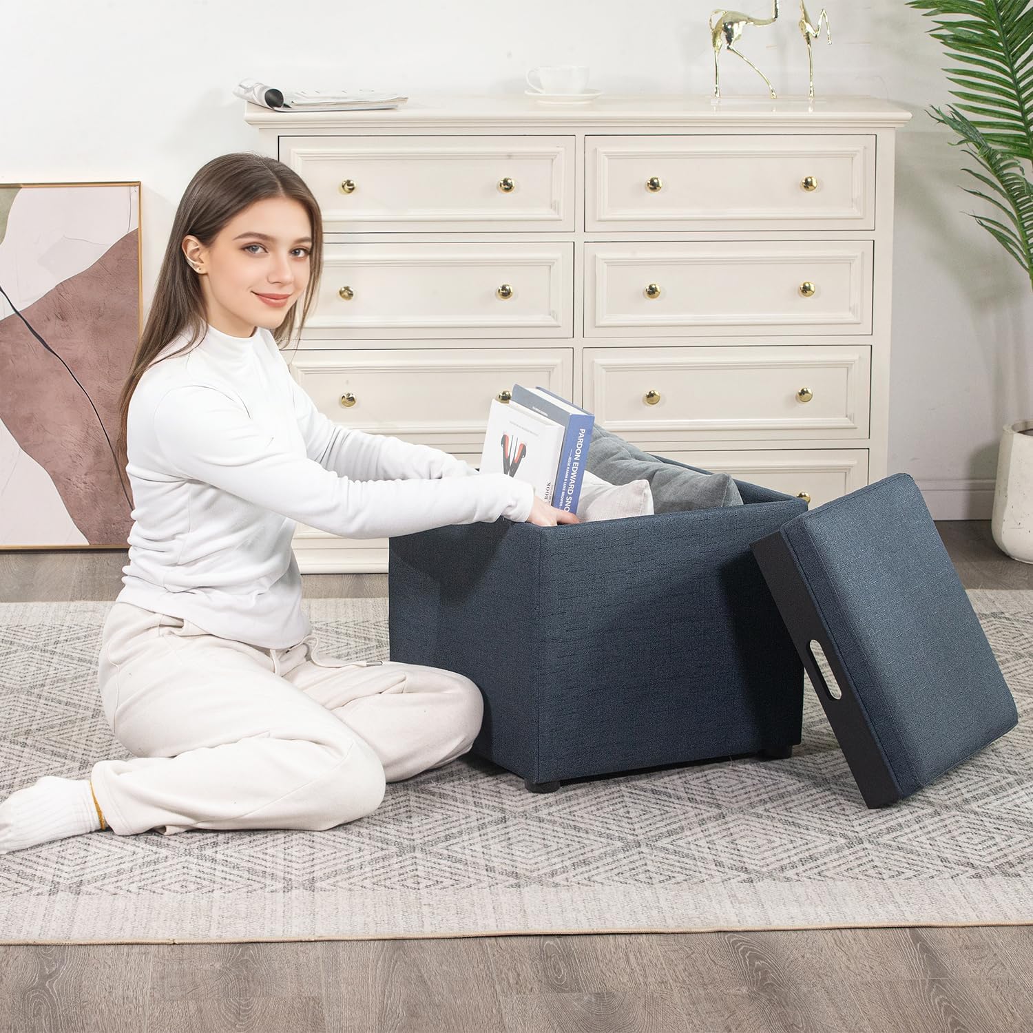 Adeco 17" H Navy Blue Storage Ottoman Cube with Tray Lid, Small Polyester Fabric Footstool with Storage, Square End Table for Living Room & Bedroom