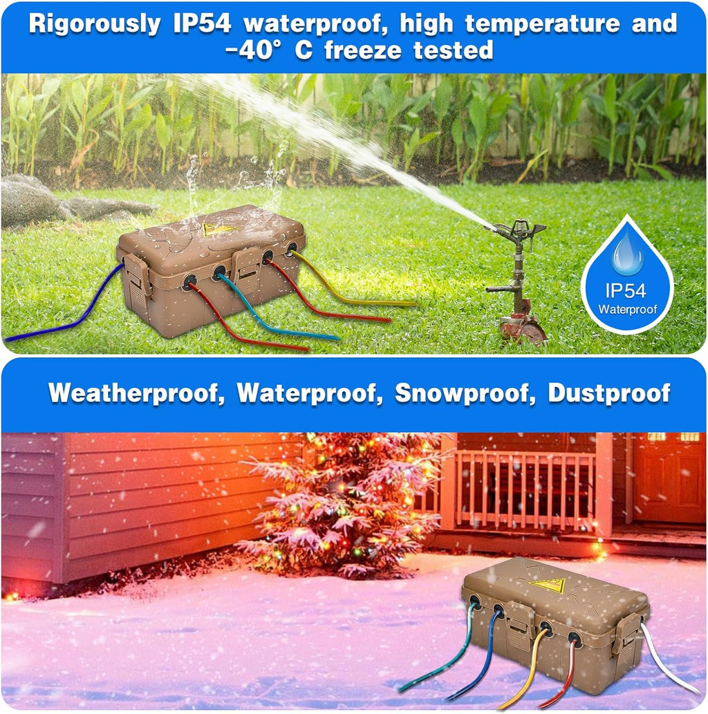 Hrensaw Medium Outdoor Electrical Box(10.6x5.5x4.5inch),Weatherproof Connection Box w/6 Cable Entry,IP54 Waterproof Extension Cord Cover Protect Power Strip,Timer,Plug,Holiday Lights,Brown