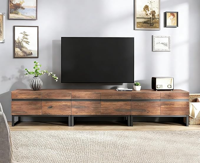 WAMPAT 3-in-1 Modern TV Stand for Up to 110 Inch TVs, Large Wood Entertainment Center Media Console with Storage Cabinets and Metal Base for Living Room, Brown