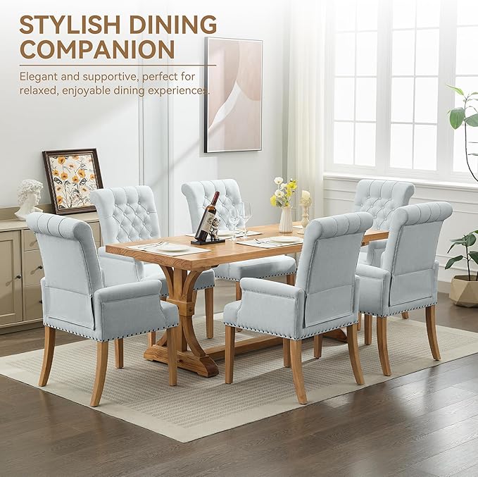 Fabric Dining Chair with Arms, Upholstered Tufted High Back Dining Room Chairs, Accent Armchair with Solid Wood Leg and Nailhead Trim, Kitchen Dining Living Room, Sky Blue