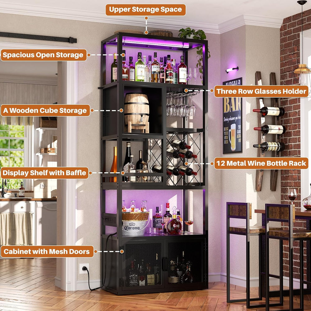 Armocity 82.6" Tall Bar Cabinet with Power Outlets & LED Lights, Liq...