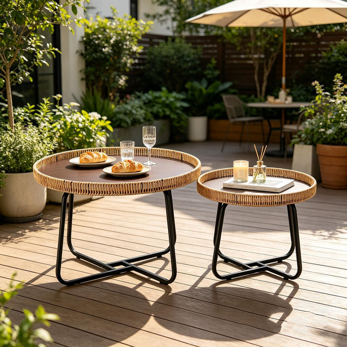 Round Woven Nesting Table, Wicker Coffee Table and Side Table Set of 2 | Metal Legs, for Living Room\ Outdoor\ Bedroom\ Office\ Balcony\ Patio, with Lip on Top