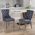 KCC Velvet Dining Chairs Set of 2, Upholstered High-end Tufted Dining Room Chair with Nailhead Back Ring Pull Trim Stainless Steel Legs, Contemporary Nikki Collection Modern Style for Kitchen, Gray