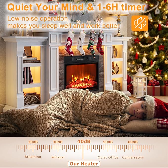 Naice 72" Electric Fireplace with Mantel and Cabinets, LED Light Fireplace TV Stand for TVs up to 80", 3D Realistic Flame Heater with Stacked Stone Surround for Living Room