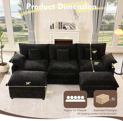108" U Shaped Couch, Modular Sectional Sofa, 3-Seater Comfy Cloud Couch, Set of Modular Pieces with Movable Ottoman, Deep Seat Couches for Living Room, Chenille, Black