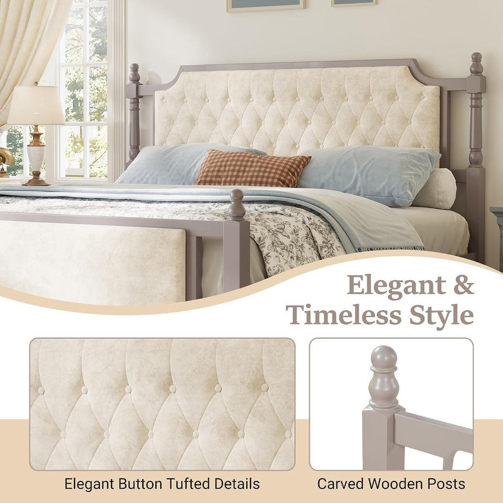 Peanu King Size Upholstered Platform Bed, Tufted Velvet Headboard, Solid Wood...