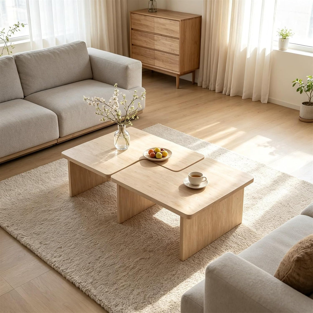 Nesting Modular Square Table Set, 2Pcs Living Room Furniture | Warm cream bei...