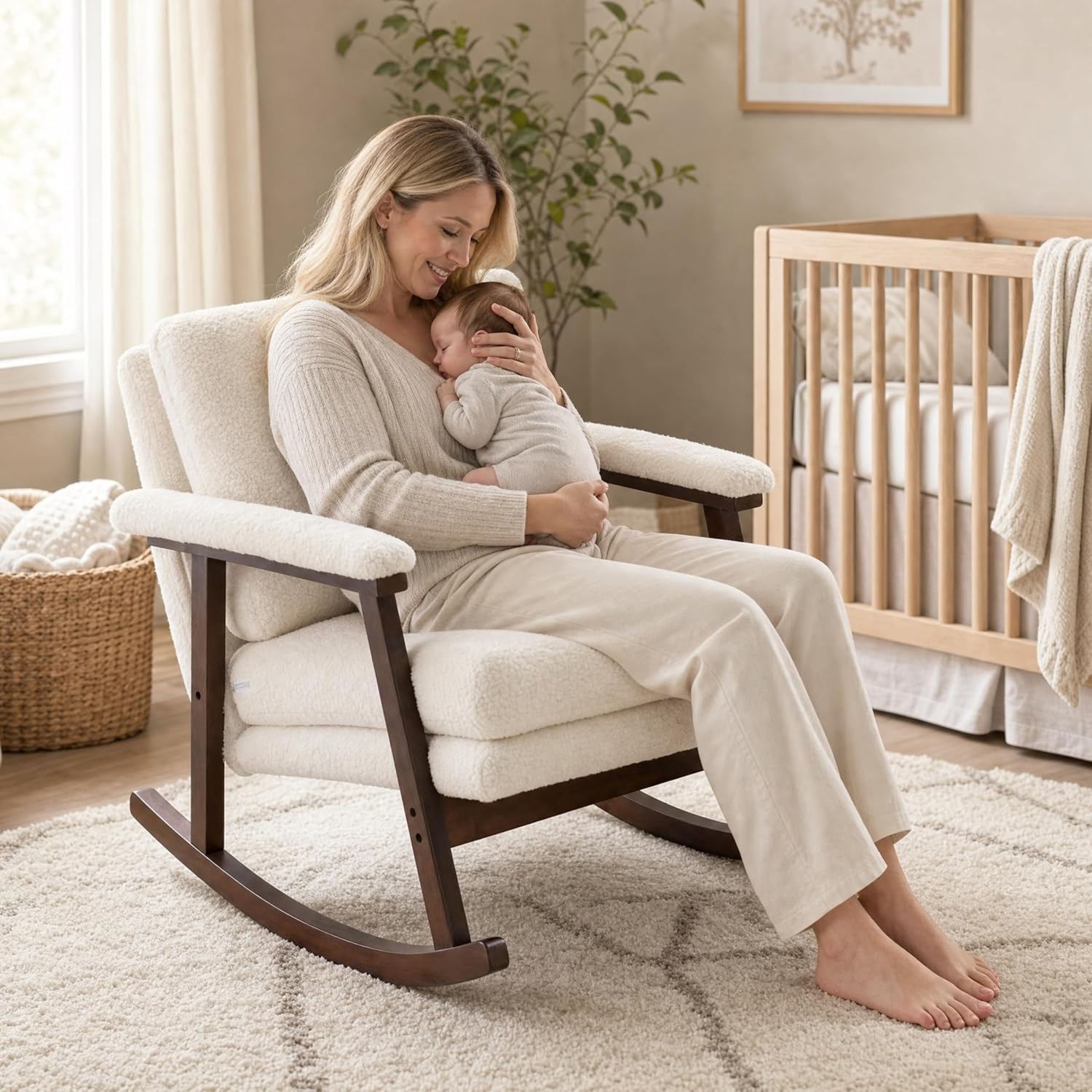 Rocking Chair Nursery, Compact Glider Rocking Chair for Indoor Use, Small Upholstered Rocker Chair for Bedroom Living Room, Teddy Fleece Accent Chair,White