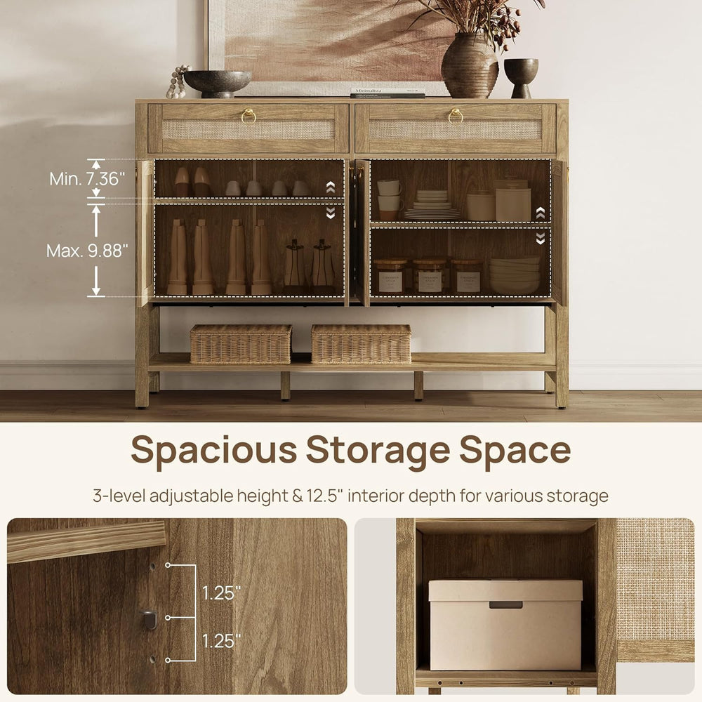 SICOTAS Rattan Sideboard Buffet Cabinet with Open Storage - Large Farmhouse C...