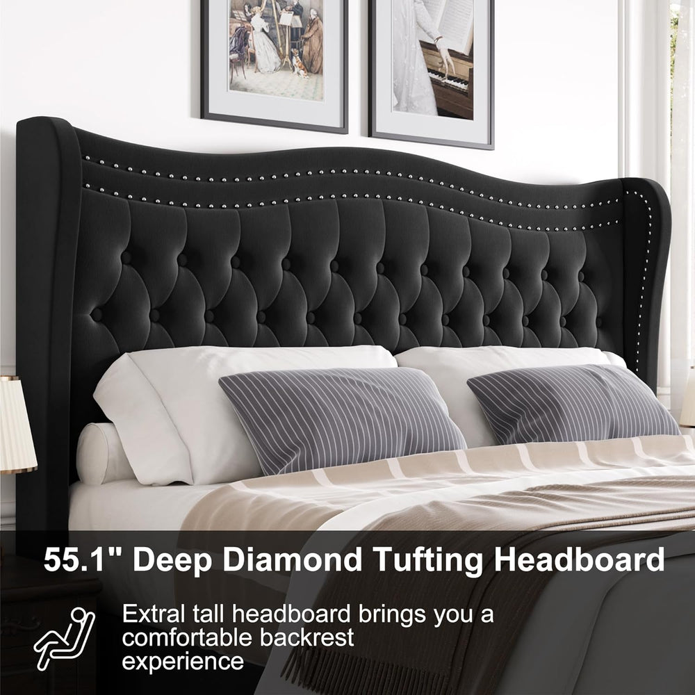 Queen Bed Frame with Tall Headboard & Footboard, Velvet Upholstered Platf...