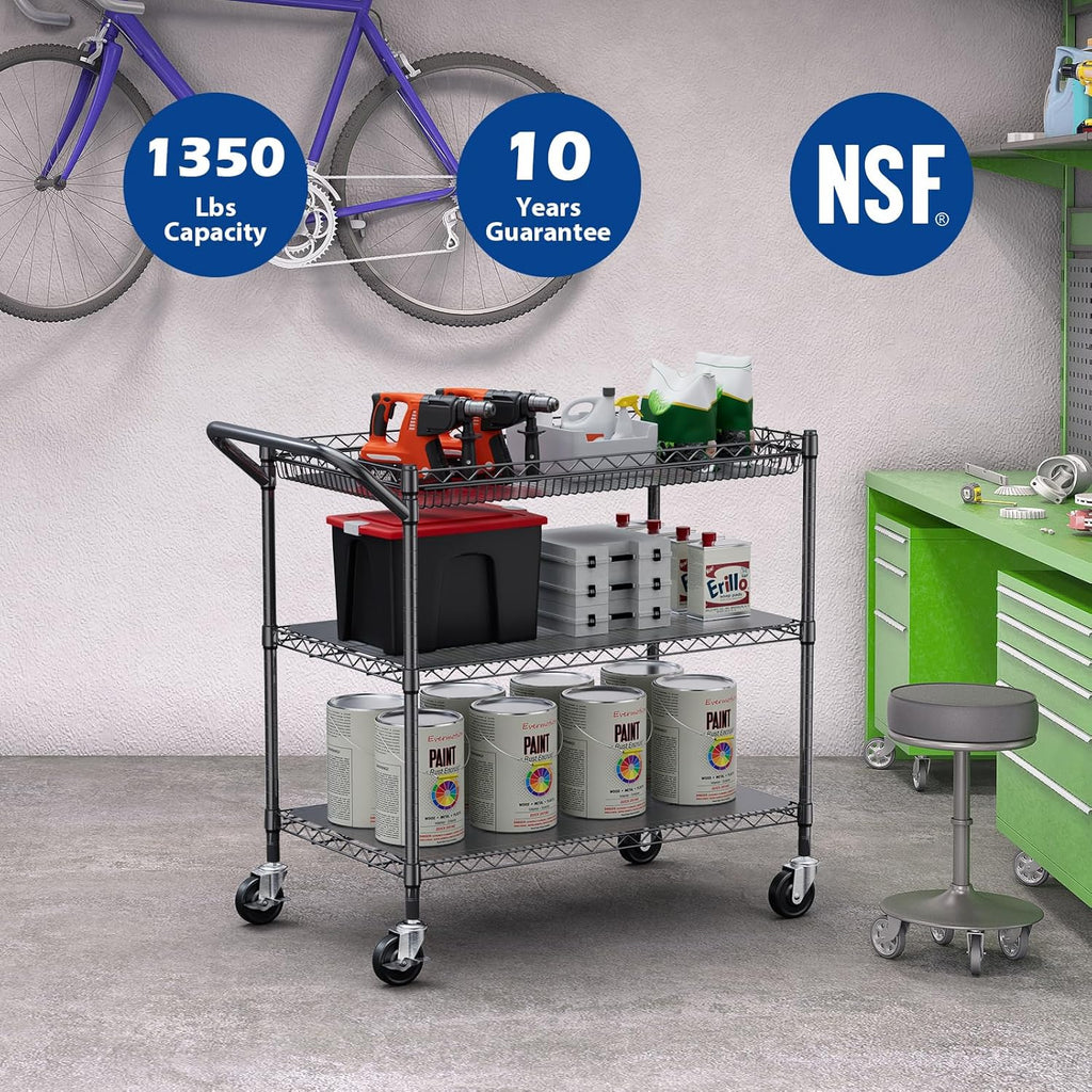 WDT 1350Lbs Capacity Heavy Duty Rolling Utility Cart, Large 3 Tier Rolling Carts with Wheels 24" Dx45 Wx39 H, NSF Commercial Grade Roll Metal Cart, Trolley Serving Cart for Garage, Kitchen, Warehouse