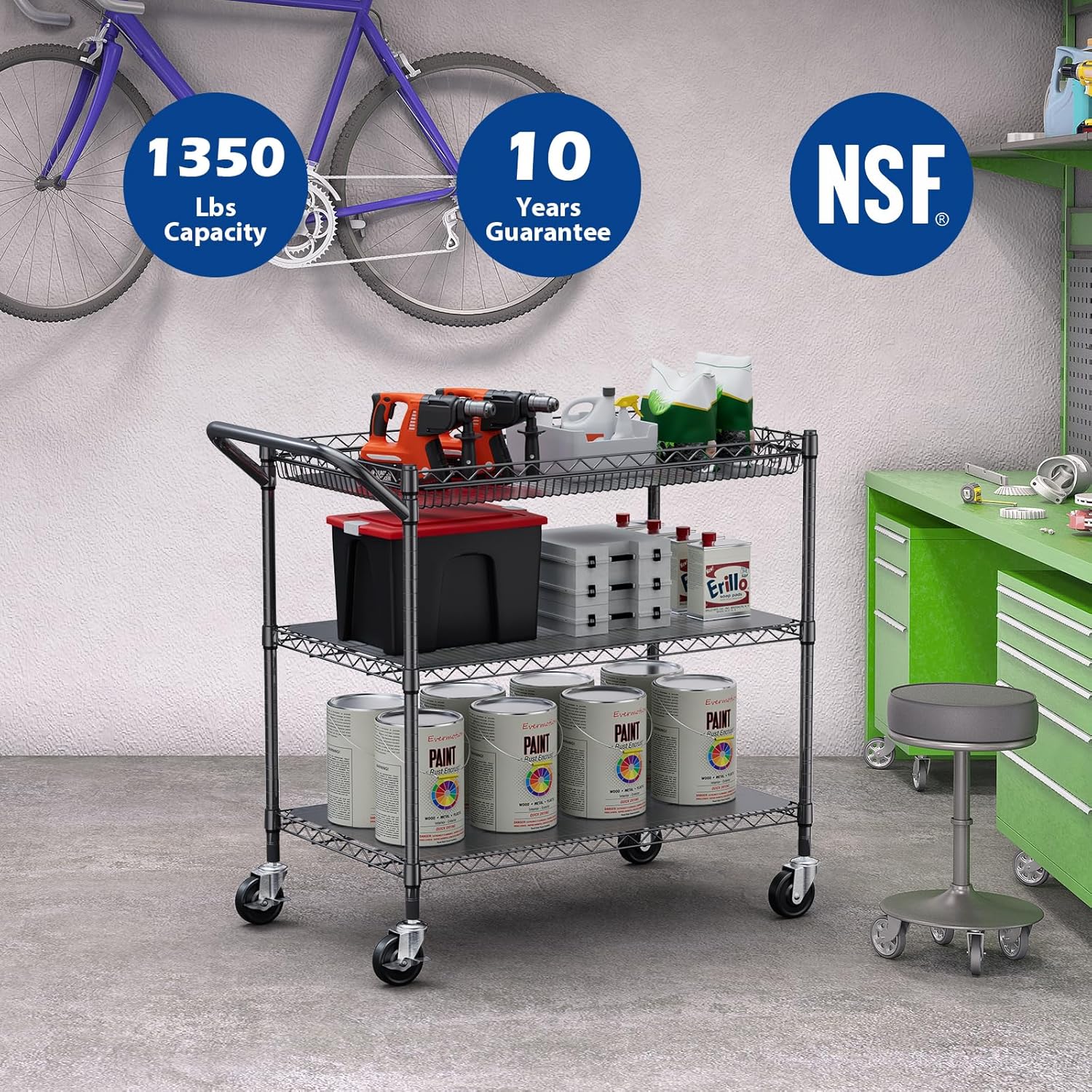 WDT 1350Lbs Capacity Heavy Duty Rolling Utility Cart, Large 3 Tier Rolling Carts with Wheels 24" Dx45 Wx39 H, NSF Commercial Grade Roll Metal Cart, Trolley Serving Cart for Garage, Kitchen, Warehouse