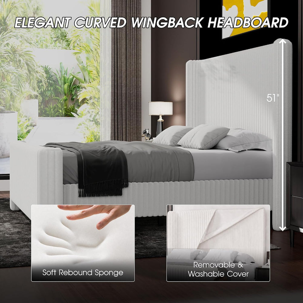 Ihanherry Queen Size Bed Frame with Faux-Fur Curved Wingback Headboard & ...