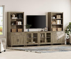 WAMPAT Entertainment Center with Bookshelves for TVs up to 75", Farmhouse Wall Unit TV Stand with Glass Doors & Drawer, Media Console Table for Living Room, Bedroom & Home Theater, Wash Grey