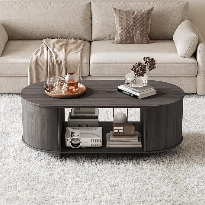 Coffee Table and TV Stand Set of 2,76.4'' Modern TV Console，Entertainment Center with 4 Drawers,Modern Oval Coffee Table with Storage, Wood Center Tables for Living Room, Bedroom, Home Office, Grey