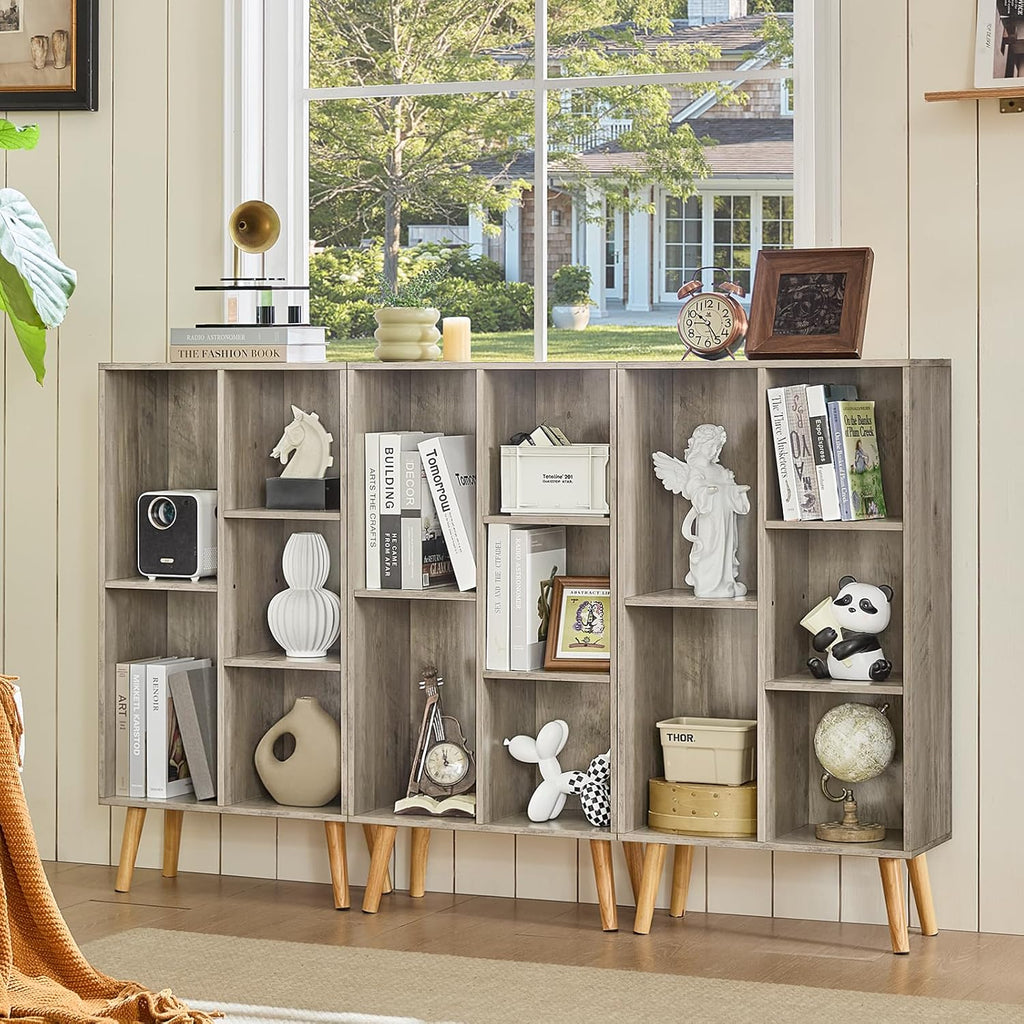 5 Cube Small Bookshelf,3 Tier Mid-Century Modern Bookcase with Legs,Wood Bookshelves Storage Organizer Shelf,Free Standing Narrow Book Shelves,Rustic Grey Corner Bookcases for Bedroom,Living Room
