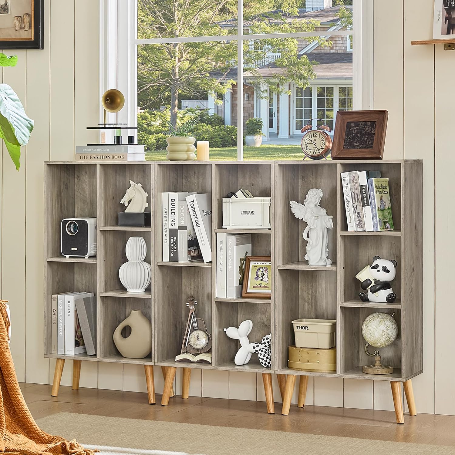 5 Cube Small Bookshelf,3 Tier Mid-Century Modern Bookcase with Legs,Wood Bookshelves Storage Organizer Shelf,Free Standing Narrow Book Shelves,Rustic Grey Corner Bookcases for Bedroom,Living Room