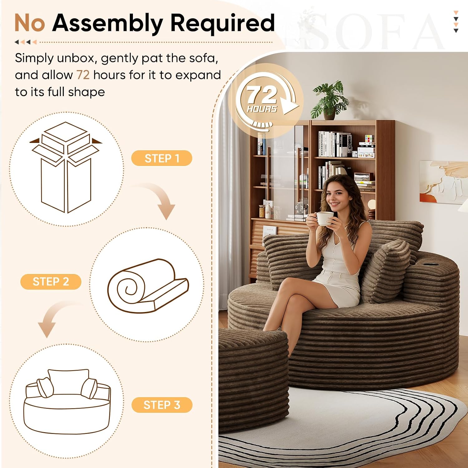 Oversized Round Chaise Longue Chair with Ottoman, Modern Corduroy Deep Seat Circle Single Cloud Boneless Floor Accent Chair w/Cup Holders for Living Room, Bedroom Apartment, 55" W * 74.6" D, Brown
