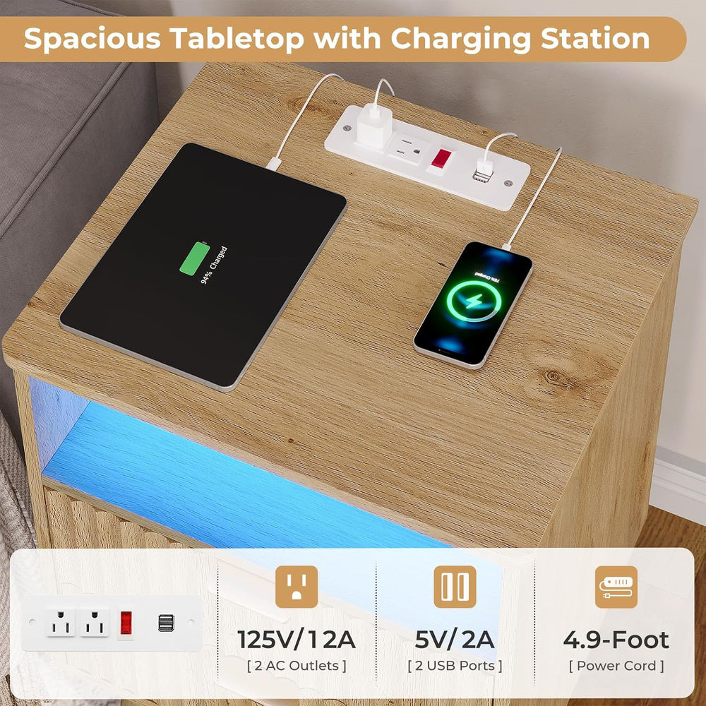 VIAGDO Fluted Nightstand with Charging Station and LED Lights, Modern Night S...