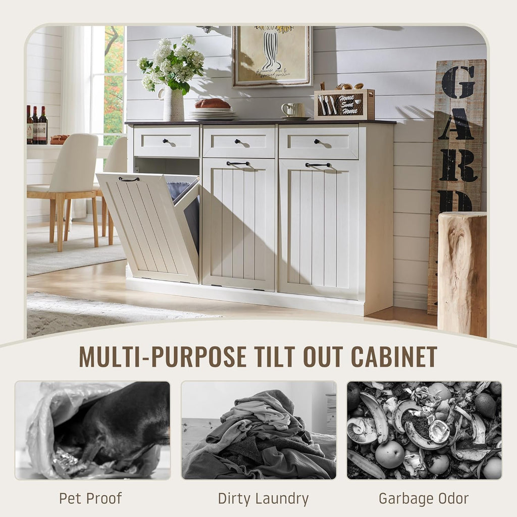 Triple Tilt Out Laundry Hamper Cabinet, 20 Gallon Farmhouse Trash Can Cabinet w/Drawer & Adjustable Shelf, Hidden Garbage Can Bin Cabinets w/Laundry Basket for Bathroom, Kitchen (Antique White)