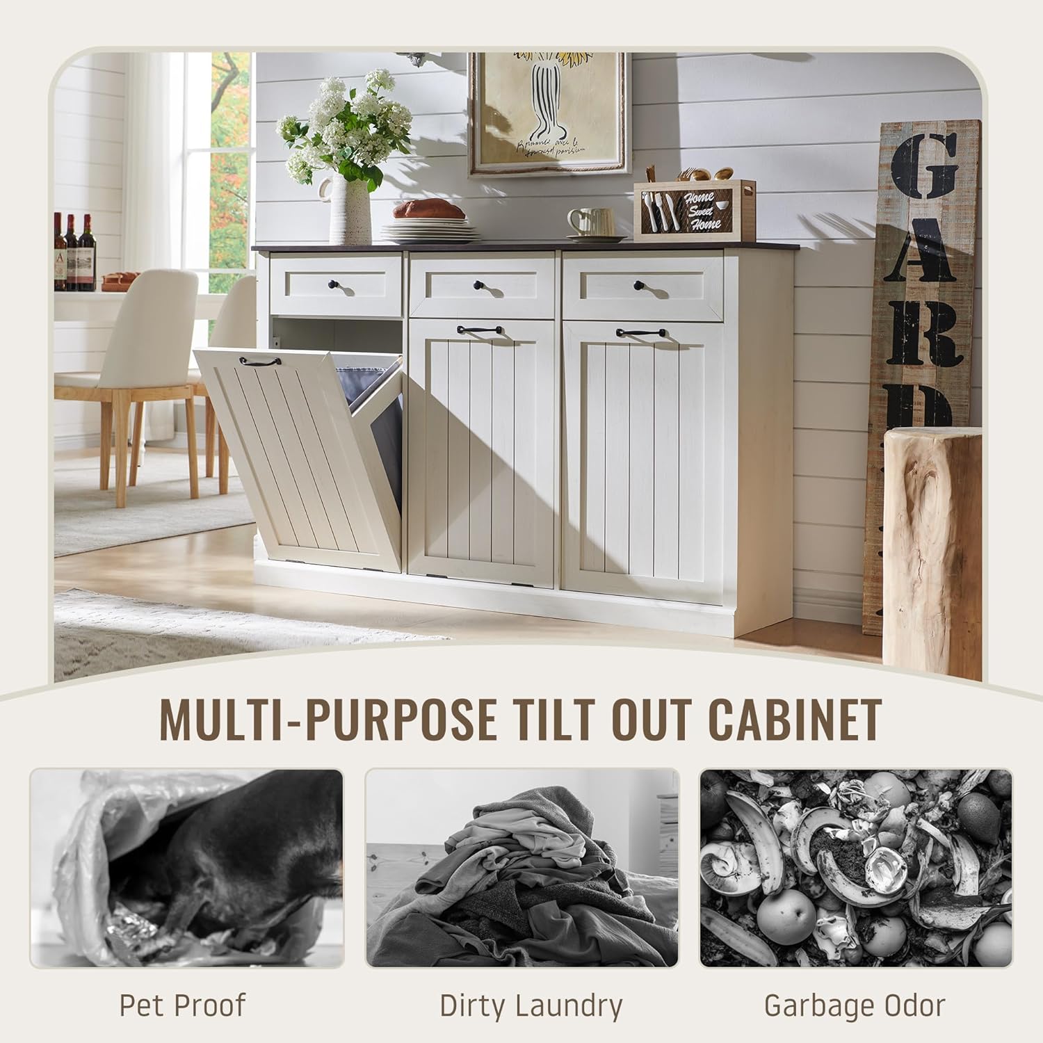 Triple Tilt Out Laundry Hamper Cabinet, 20 Gallon Farmhouse Trash Can Cabinet w/Drawer & Adjustable Shelf, Hidden Garbage Can Bin Cabinets w/Laundry Basket for Bathroom, Kitchen (Antique White)
