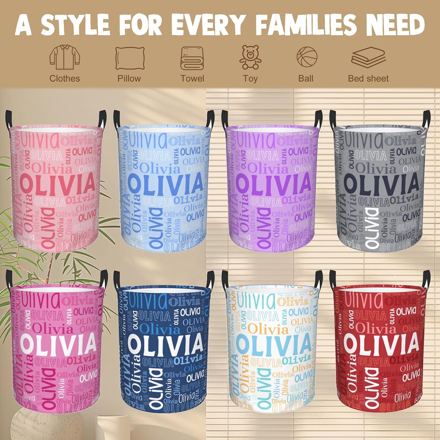 Custom Name Laundry Hamper, Personalized Laundry Basket with Name for Boys Girls Kids Men Women, Customized Name Dirty Clothes Basket Gifts for Clothes Toy Bathroom Bedroom Laundry Room Dorm