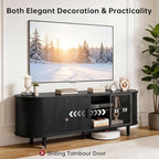 58" Mid Century Modern TV Stand, Wood TV Consoles with Sliding Doors and Power Outlet, Fluted Entertainment Center with Adjustable Shelves, Media Console for Living Room, Black