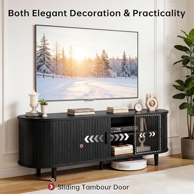 58" Mid Century Modern TV Stand, Wood TV Consoles with Sliding Doors and Power Outlet, Fluted Entertainment Center with Adjustable Shelves, Media Console for Living Room, Black